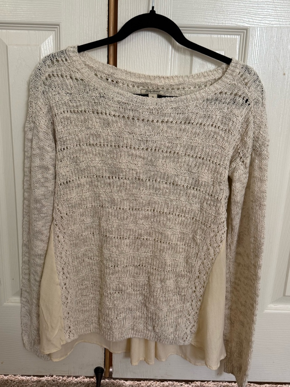 Lucky Brand Women’s S Cream Open Knit Mixed Media Layered Boho Sweater